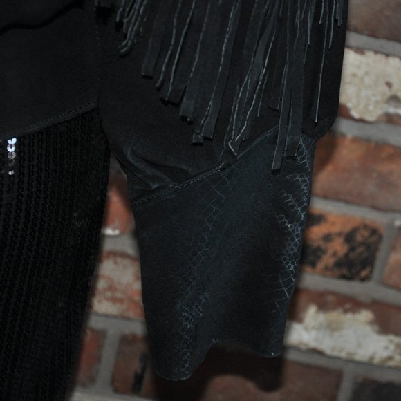 Vintage 80s Black Western Suede Leather With Fringe Jacket M - Picture 6 of 11